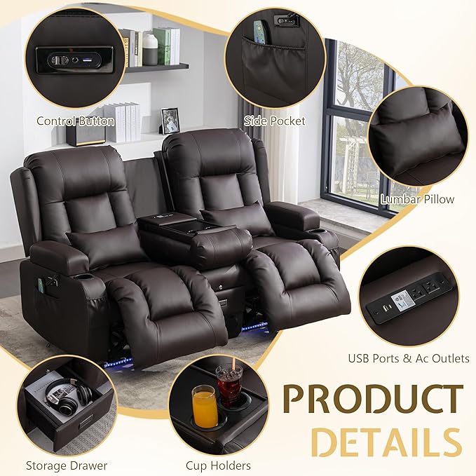 URRED Power Reclining Loveseat Sofa with Console RV Couch Loveseat Recliner Sofa with Massage &amp Heat LED Light Cupholders Bluetooth Speakers USB Charge Ports Outlets Faux Leather Dark Brow