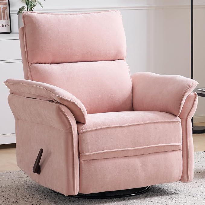 Oversized Recliner Chair 26 Extra Wide 360° Swivel Rocker Recliner with Adjustable Headrest Chenille Glider Rocking Nursery Chair with Overstuffed Armrest Lumbar Support Pink