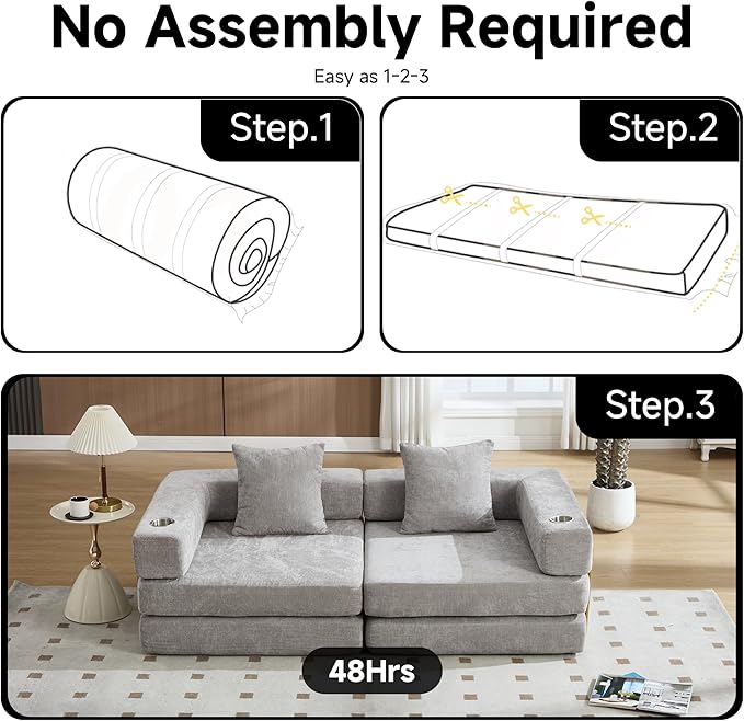 Convertible Sleeper Sofa Bed – 77'' 3-Seater Futon Couch with Corduroy Upholstery Pull-Out Floor Bed High-Density Foam No Assembly Perfect for Living Room Bedroom Apartment Studio (Beige)