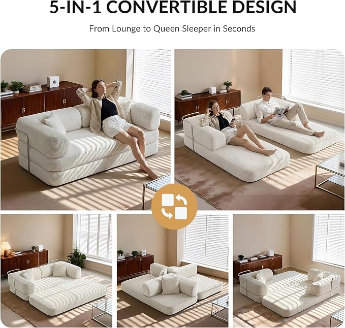 5-in-1 Convertible Sofa Bed Boneless Floor Couch Queen Size with Magic Pillow Blankets Zero-Assembly Sleeper Futon for Apartments Renters &amp Micro-Living Spaces Cream