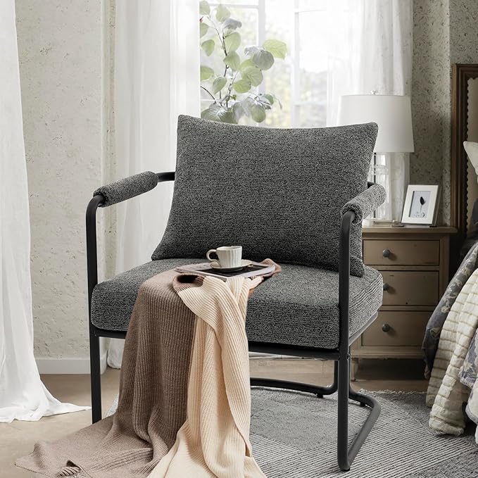 Single Accent Chair for Living Room Mid Century Modern Upholstered Reading Armchair for Bedroom Office with Comfy Chenille Cushion &amp Metal Frame Dark Grey
