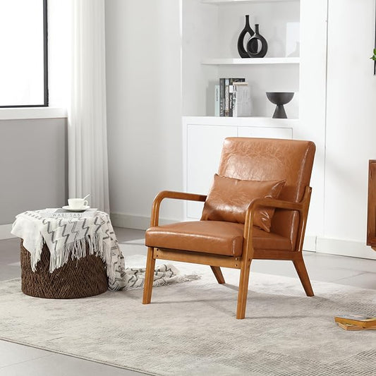 Modern Accent Chair Solid Wood Padding Lounge Armchairs with One Pillow for Living Room Bedroom Guest Room (Light Brown PU)