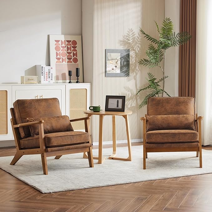 Karl home Accent Chair Wide Armrest Mid-Century Lounge Chair Bronzing Cloth Armchair with Lumbar Pillow &amp Solid Wood Frame for Living Room Bedroom Balcony Brown