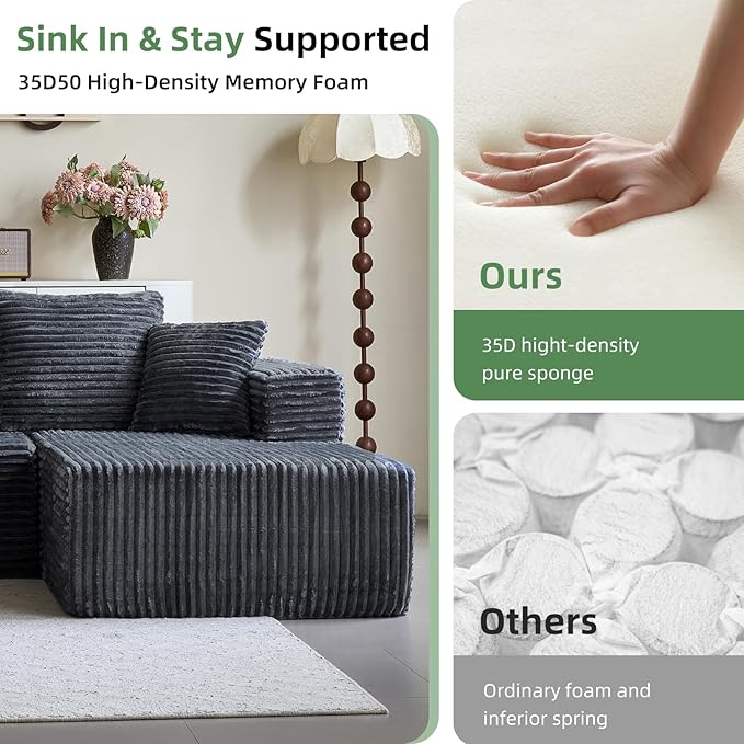 108'' Boneless Couch Sectional Boneless Couches for Living Room w/Deep Seat Cloud Couch w/Stripe Boneless L Shaped Couches w/Flannel Fabrics Right Facing Chaise Dark Gray