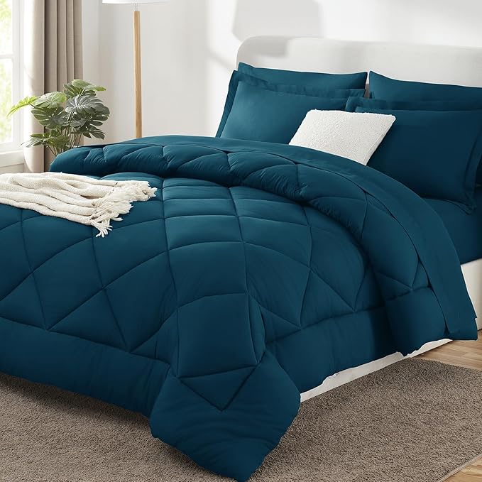 CozyLux King Size Comforter Set Lyons Blue - 7 Pieces Bed in a Bag King Luxury Soft Bed Set for All Seasons Bedding Set with Down Alternative Comforter Sheets Pillowcases &amp Shams
