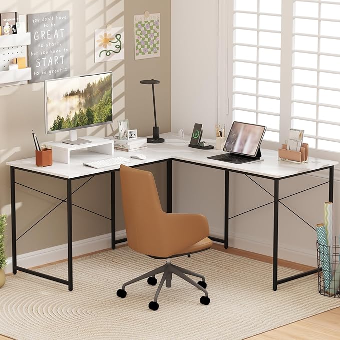 Giantex L Shaped Computer Desk 59 Inch Reversible Corner Desk with Power Outlet and USB Ports &amp Monitor Stand Wooden Writing Desk Gaming Table for Home Office Room Small Space (White)