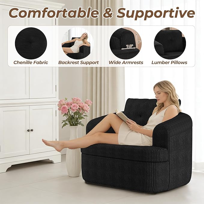 36.6 Swivel Accent Chairs Set of 2 360 Degree Oversized Swivel Barrel Chair for Living Room Modern Corduroy Upholstered Accent Armchair Comfy Boneless Sofa Chair for Bedroom Black