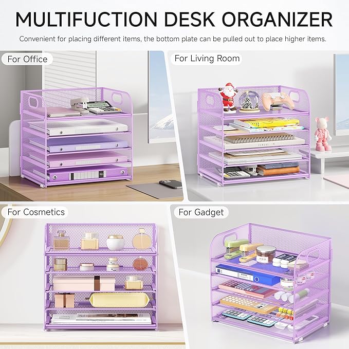 Lavatino Desk Letter Tray Paper Organizer 5-Tier with Handle Metal Mesh Desktop File Organizer Paper Holder for Classroom Office Desk Accessories- Purple