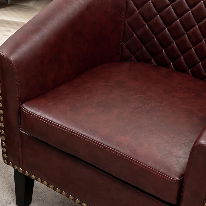 KINWELL 29 W Faux Leather Barrel Chairs Set of 2 Modern PU Upholstered Tufted Club Chairs with Nailhead Trim Small Armchairs Accent Chairs for Living Room Bedroom Apartment Lounge Nursery Red