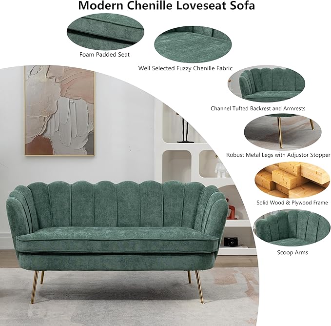 Chenille Small Sofa Couch for Small Spaces Living Room Bedroom59 Loveseat Couches with Gold Metal LegsChannel Tufted 2 Seater Sofas with Curved Back and Arms for ApartmentRV