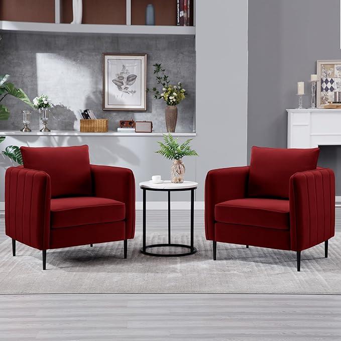 Leather Accent Chair Mid Century Modern PU Leather High Back Armchair for Living Room Chairs with Solid Wood Legs for Small Spaces Bedroom Office (Red-Velvet 29.13D x 32.68W x 35.04H)