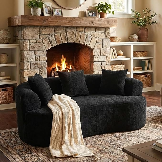Luxury 80” Curved Loveseat Sofa Chenille Curved Couch with 2 Big Pillows &amp Extra Wide Armrests Comfy Upholstered Oversized Loveseat Couch &amp Sofa for Living Room (Black 80 Inches)