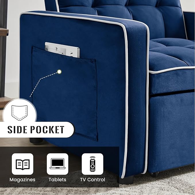3 in 1 Velvet Sleeper Chair with Pull Out Bed Convertible Single Sofa Bed Futon Modern Tufted Chair with Adjustable Backrest Pullout Sleeper Sofa Chair for Bedroom Living Room Lounge (Blue)