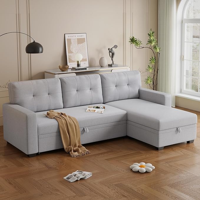 Linen Upholstered Pull Out Sectional Sofa with Storage ChaiseCouch W/ Removable Back CushionsCan Be Converted Into a Twin Size Sleeperfor Living RoomApartmentOfficeLight Gray