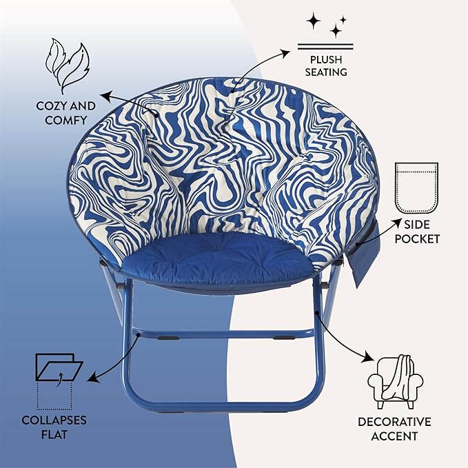 Urban Lifestyle Printed Back Micromink Saucer™ Chair with Navy Legs and Side Storage Pocket Blue and White Swirl