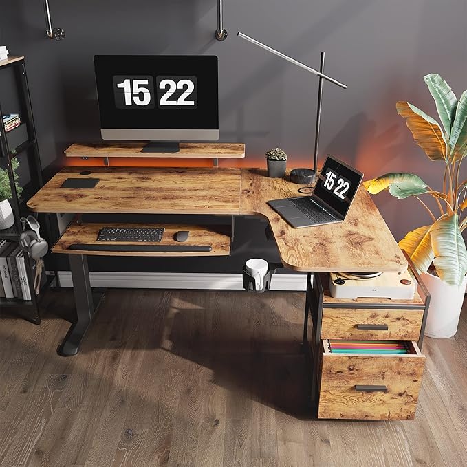 EUREKA ERGONOMIC Standing Desk with Keyboard Tray Computer Desk 61 L Shaped Electric Adjustable Height Desk w Monitor Stand LED Corner Sit Stand Desk Gaming Desk Dual MotorRight/Rustic Brown