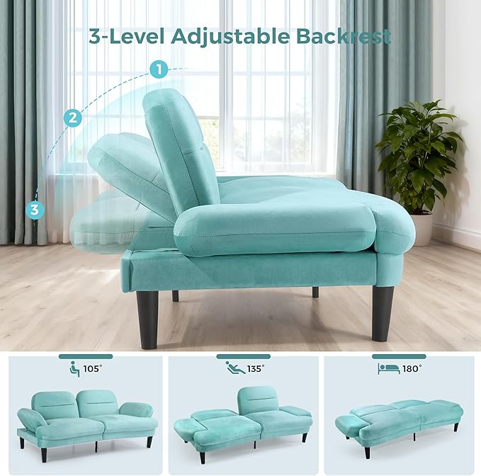 79” Futon Sofa Bed Sleeper Sofa Convertible Sofa Bed with Adjustable Backrest and Armrests Luxury Velvet Cloud Loveseat Convertible Recliner Sleeper Sofa for Living Room Bedroom Apartment Green