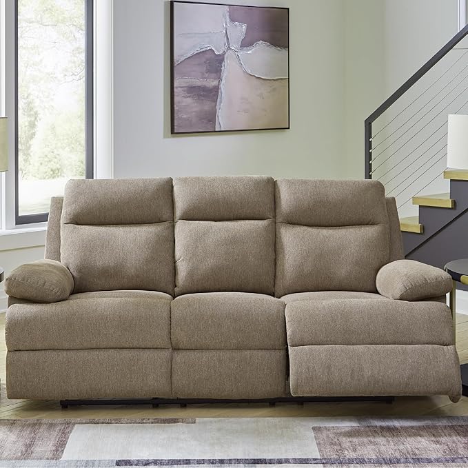 Signature Design by Ashley Yarrow Lane Classic Chenille Manual Pull Tab Reclining Sofa with Drop Down Table and USB Charging Light Brown