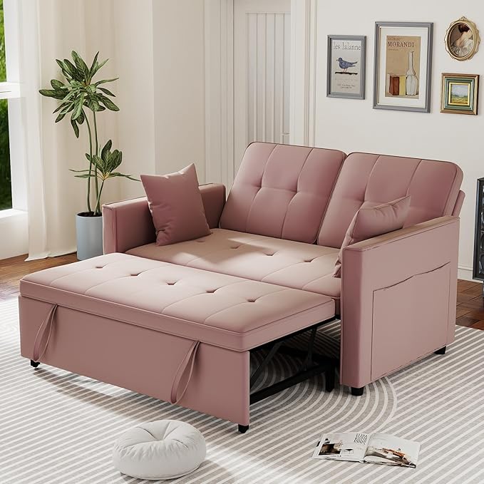 Pull Out Sofa Bed: 56 Pink 3 in 1 Convertible Sleeper Sofa Bed Velvet Loveseat Sleeper Couch with Storage Comfy Futon Couch Beds for Living Room | Velvet