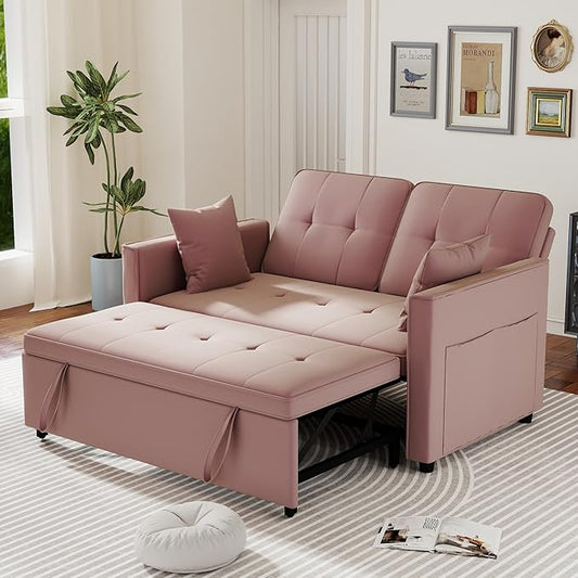 Pull Out Sofa Bed: 56 Pink 3 in 1 Convertible Sleeper Sofa Bed Velvet Loveseat Sleeper Couch with Storage Comfy Futon Couch Beds for Living Room | Velvet