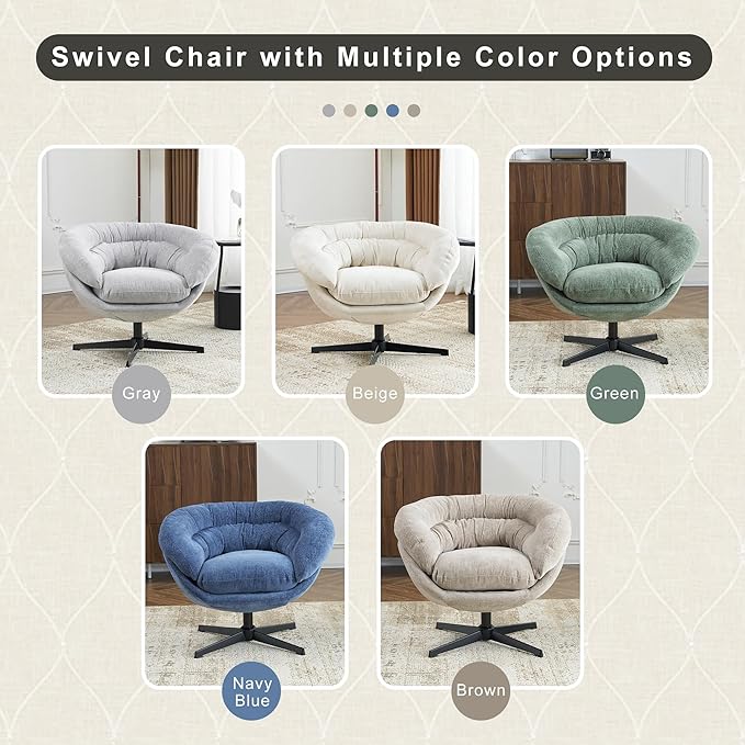 GDFStudio 360° Swivel Club ChairChenille Upholstered Accent Chair with Removable Cushion Round Office Chair with Black Metal BaseModern Reading Chair for Living Room Bedroom Office 27.5 H Beige