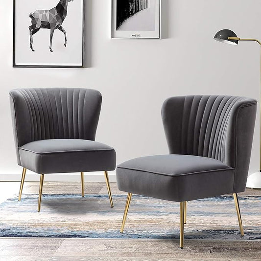 TINA'S HOME Monica Velvet Accent Chair Set of 2 Mid Century Side Chair Comfy Upholstered Living Room Chair with Golden Legs Wingback Armless Slipper Chair for Bedroom Guest Room- Grey