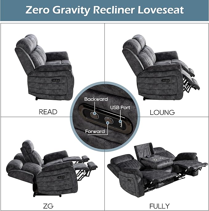 Zero Gravity Power Reclining Sofa with Adjustable Headrest Electric Reclining Couch with Wireless Charge USB Ports Power Loveseat Recliner Sofa for Living Room (Grey-Sofa)