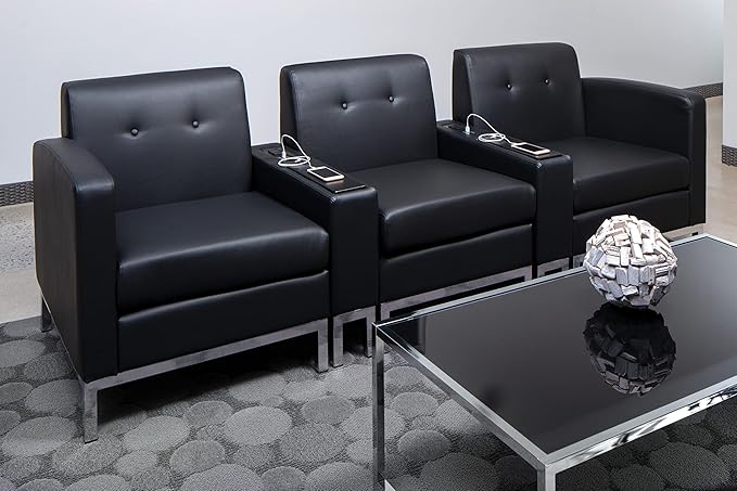 OSP Home Furnishings Wall Street Faux Leather Armchair with Box-Spring Cushion Button Tufted Back and Chrome Finish Base Black