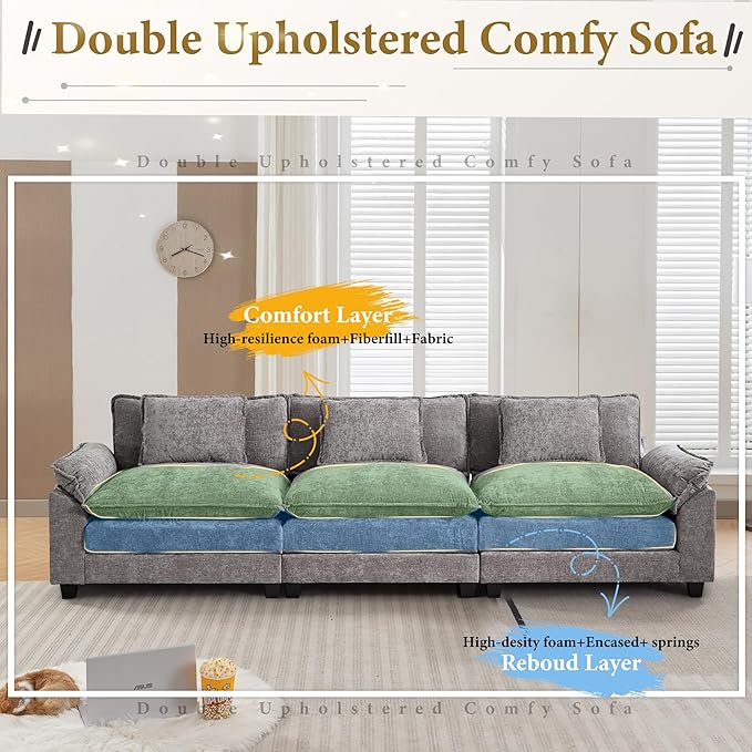 URRED Modular Sectional Sofa Comfy Cloud Couch Modern Chenille Sofa Sleeper Deep Seat Couches with Ottoman/Pillows for Living Room (Gray 117'')