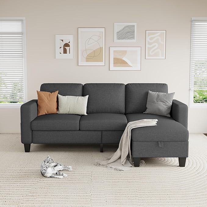 Sectional Sofa and Couches for Living Room - 78'' Dark Grey 3 Seat L-Shaped Couch with Storage Ottoman Modern Linen Convertible Sectionals Sofas for Apartment Office Small Space