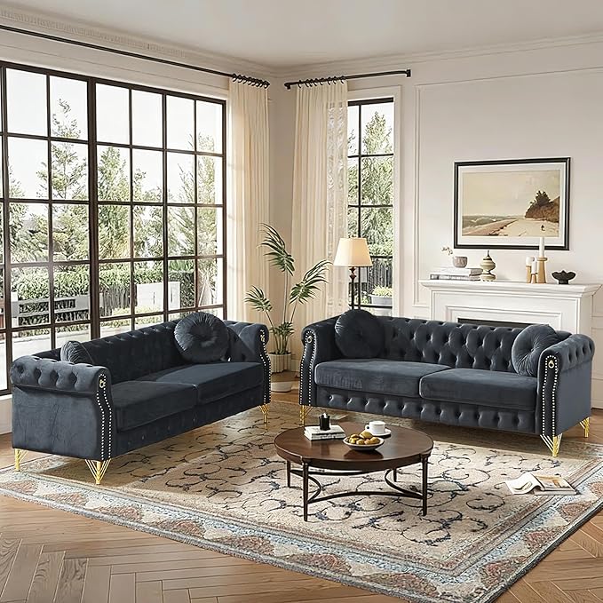 Chesterfield Velvet Button Tufted Sofa 2-Pieces 82 inch Modern 6-Deep Seater Couch Retro Style Upholstered Comfy Loveseat Sofa for Living Room Bedroom Apartment Office Black