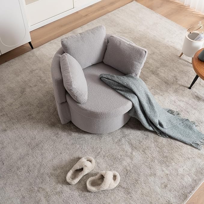 FOXHUNTER Swivel Barrel Chair 360 Degree Swivel Round Storage Chair with 3 Pillows Oversize Teddy Swivel Accent Chair Comfy Single Sofa Chair for Nursery Living Room Bedroom (Light Gray)