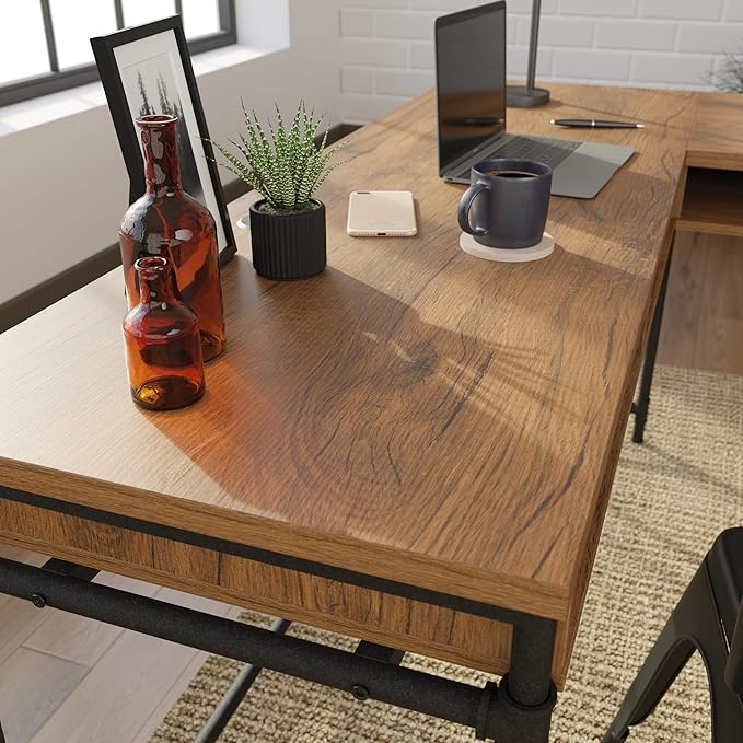 Sauder Iron City L Desk Checked Oak Finish