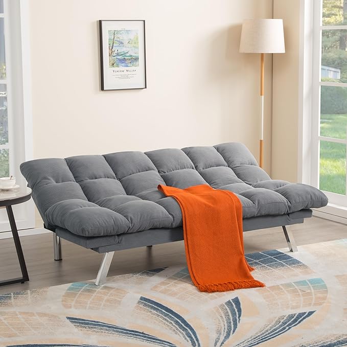 67” Convertible Futon Couch Bed Adjustable Pillow Top Arm Memory Foam Cloud Futons Loveseat Modern Light Gray Corduroy Mini Small Sofa Couches for Living Room