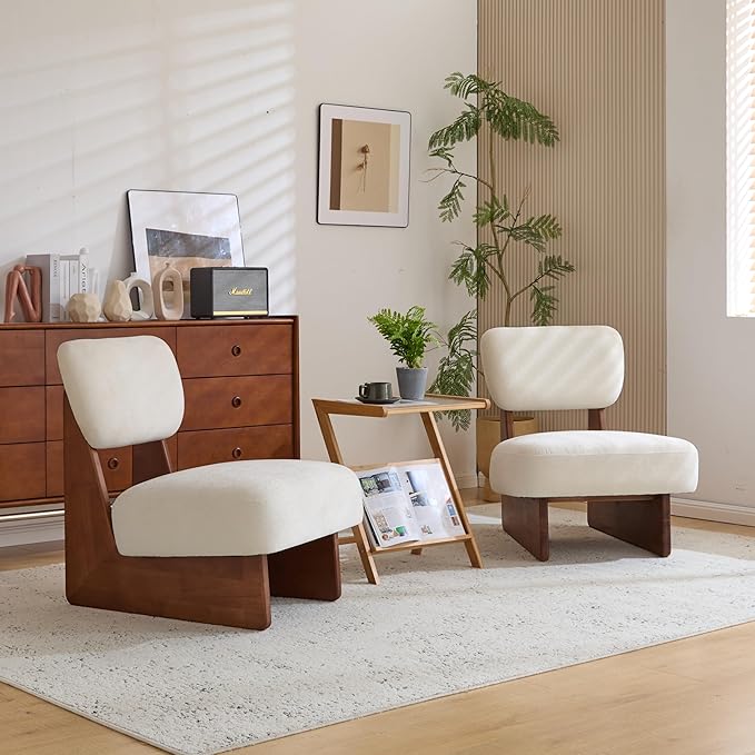 GDFStudio Upholstered Armless Accent Chairs Set of 2 Modern Side Chair Minimalist Leisure Chair with Backrest White Cusion for Living Room Bedroom Reading Room Walnut Slid Wood Base