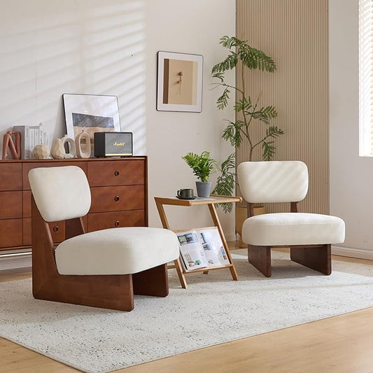 Christopher Knight Home Mores Low Profile Accent Chair Set of 2 Modern Living Room Armless Lounge Chair Fabric Comfy Reading Chair for Bedroom Wooden Frame and Thick Padded Seat White+Walnut
