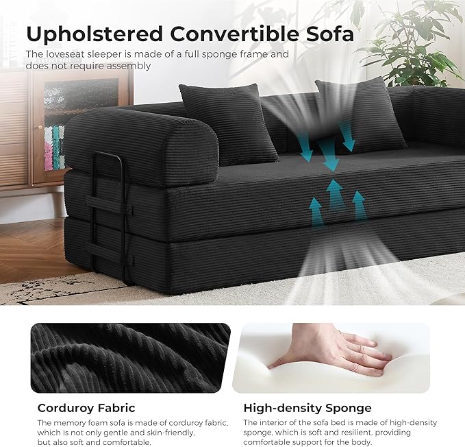 79'' Convertible Sofa Bed 5-in-1 Folding Corduroy Sleeper Couch with Pull Out Bed Oversized Modular Floor Sofa No Assembly Space-Saving Guest Bed for Apartment Living Room Bedroom (Black) | Conver