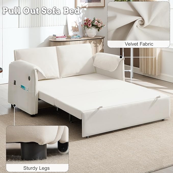 63 Velvet Pull Out Sofa Bed 3-in-1 Convertible Futon Loveseat Queen Sleeper Sofa Couch Bed with Adjustable Backrest USB Ports &amp Side Pockets Modern Sofas for Living Room Apartment Beige