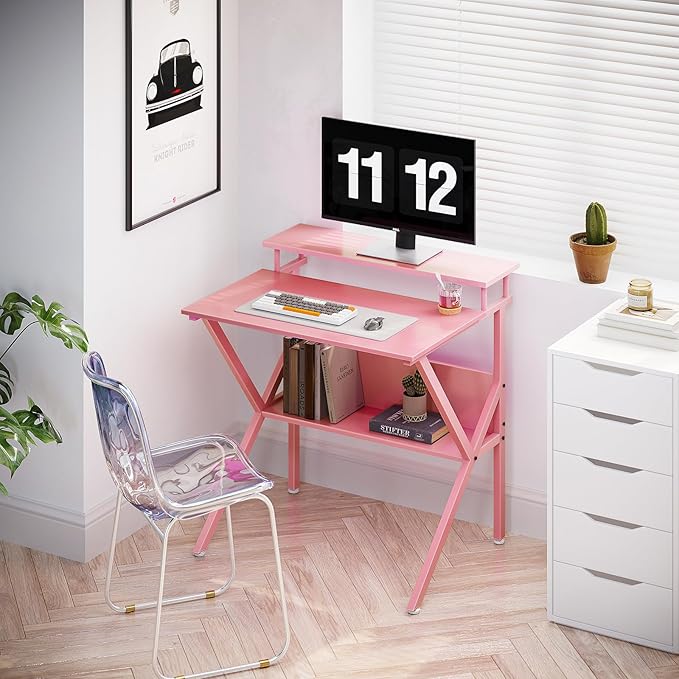 ODK Small Desk 27.5 Inch Computer Desk for Small Spaces Kids Desk with Storage Study Table with Monitor Stand for Homeschool Pink