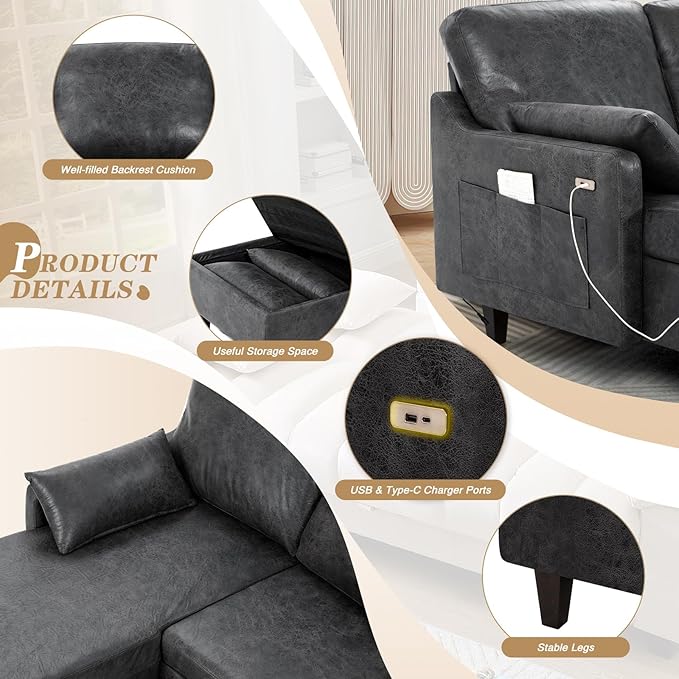 76 Sectional Sofa Couch with Reversible Chaise Suede Leather L Shaped Sofa w/USB Charger Ports &amp Storage Bag Convertible Modern Couch w/Storage Space for Living Room Small Space Grey