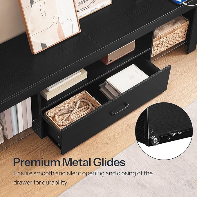 HOOBRO LED TV Stand with Power Outlets to 65 inch TV Gaming Entertainment Center with Glass Shelves and Large Drawer Modern Media TV Console Table for Living Room Bedroom Black BB160UDDS01G1