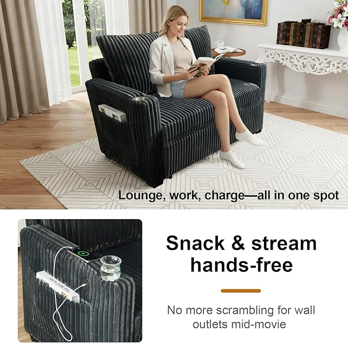 3 in 1 Convertible Sleeper Sofa Bed 53'' Pull Out Couch with Adjustment Backrest Corduroy Loveseat with Side Pockets USB Port for Living Room Bedroom Apartment Gray