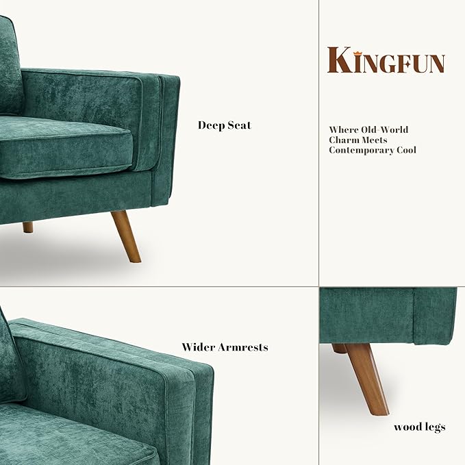Kingfun Modern Accent Chair Living Room Chairs Chenille Reading Armchair Mid Century with Dual-Layer Armrests Solid Wood Frame Easy Assembly for Small Spaces Green