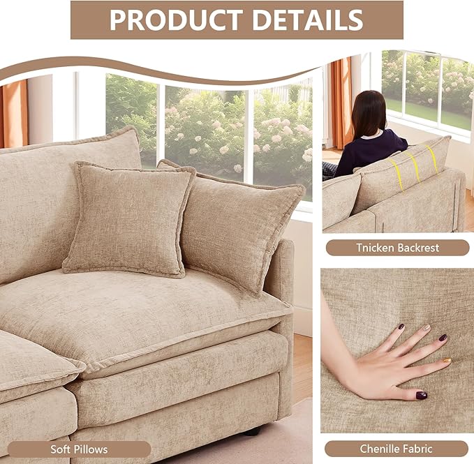 GNIXUU 102 Modular Sectional Sofa L Shaped Cloud Couch with Movable Ottoman &amp 4 Pillows Deep Seat Chenille 4 Seater Sectional Couches for Living Room Apartment (Camel)