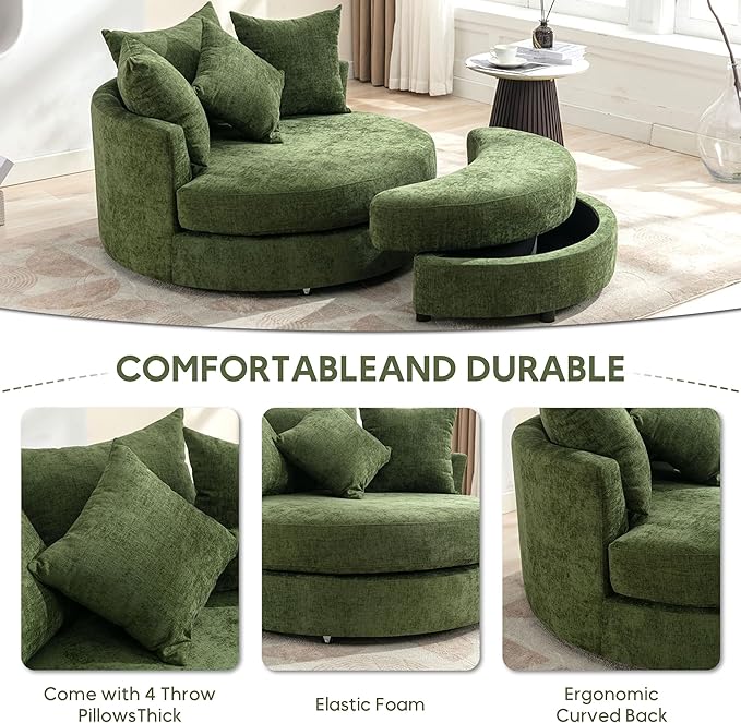 Yoglad Oversized Round Swivel Accent Chair - Modern 360 Degree Barrel Chairs with Storage Ottoman for Living Room Bedroom(Chenille - Green)