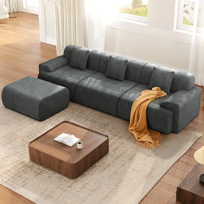 118 Modern L Shaped Modular Sectional Sofa Boneless Cloud Couch with Ottoman Oversized Corduroy Couch Deep Seat 30D Sponge for Indoor Living Room No Assembly Required(Gray)