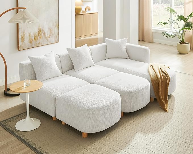 VANOMi 109.84 Modular Sectional Sofa with 3 Pillows Convertible 5-Seater Comfy Boucle Cloud Couch with Ottoman Modern Sectional Sofas for Living Room Office Apartment (White)