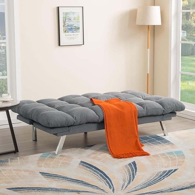 Modern Light Gray Corduroy Convertible Folding Futon Couch Sofa Bed Adjustable Pillow Top Arm Memory Foam Couch Double Loveseat Sofa for Compact Living Space Apartment Bedroom (67.3 Light Gray)