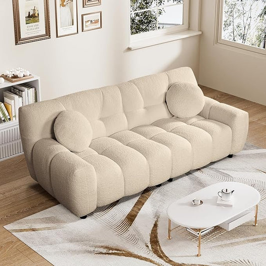 Modern Boucle Sofa Couch Comfy Deep Seat Teddy Cloud Couch 72.8 Upholstered Cozy Sherpa 2 Seater Couches with Pillows Oversized Loveseat Sofa for Living Room Apartment Light Brown