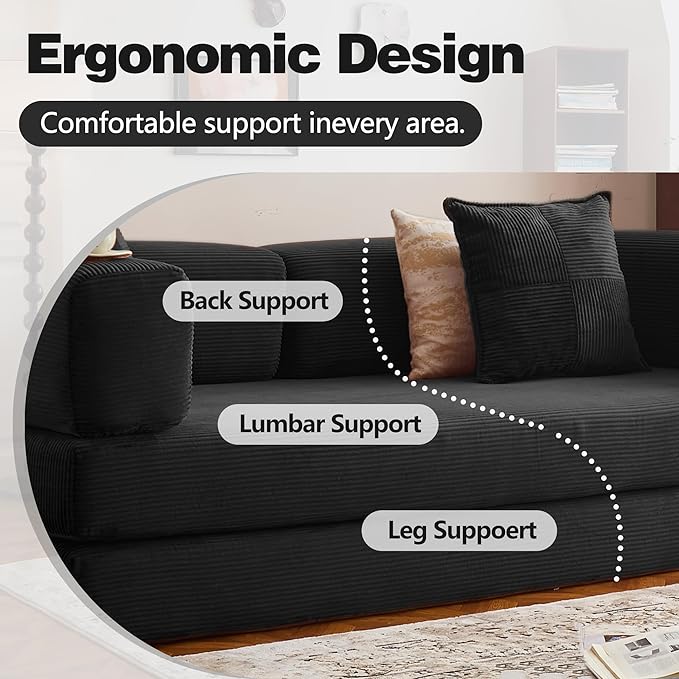 78.8 Convertible Sofa Bed - Compression Sofa with Corduroy Fabric - with Armrests and Backrest - Modular Sectional for Living Room Bedroom Studio - Compression Sofa in Box (Black)
